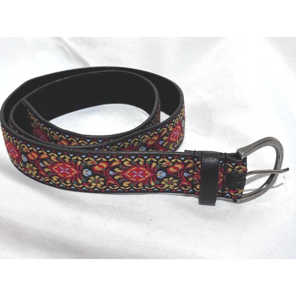 Boho Embroidered Floral Belt Black Red Gold Textile Suede Belt Western Folk Uni